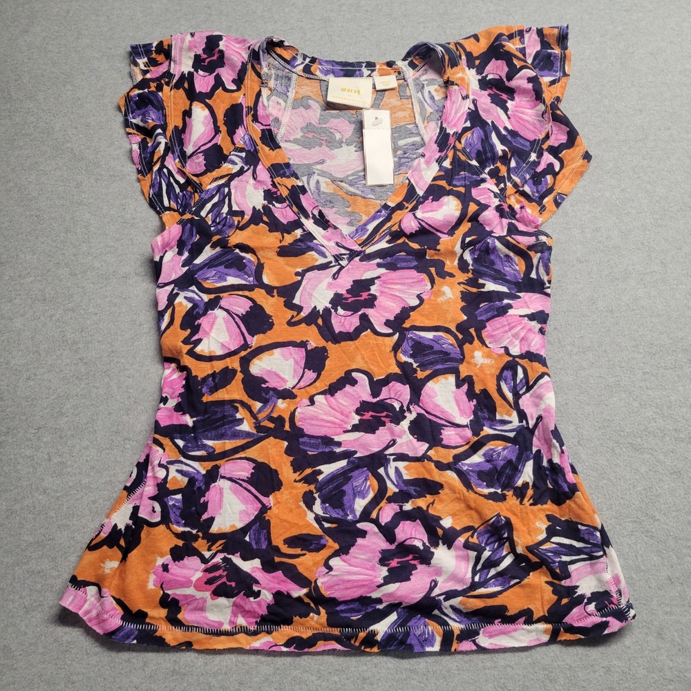 Maeve Anthropologie Floral V-Neck Flutter Sleeve Top Orange Purple Pink S NEW